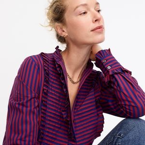 New! J Crew sz XS X-Small Ruffle-trim Tuxedo Shirt Stripe NWT